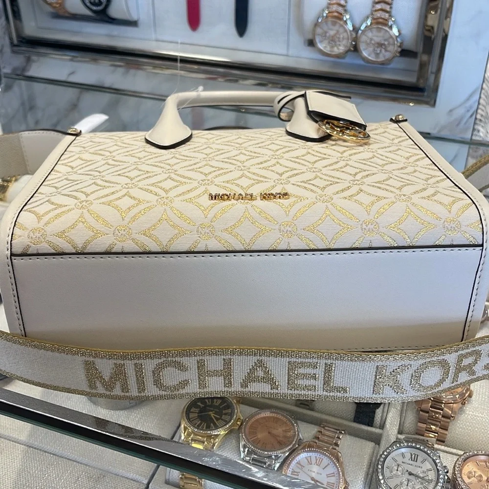 Michael Kors Mirella Small Metallic Logo Jacquard Crossbody Bag
Light Cream 
NWT - Picture 12 of 16